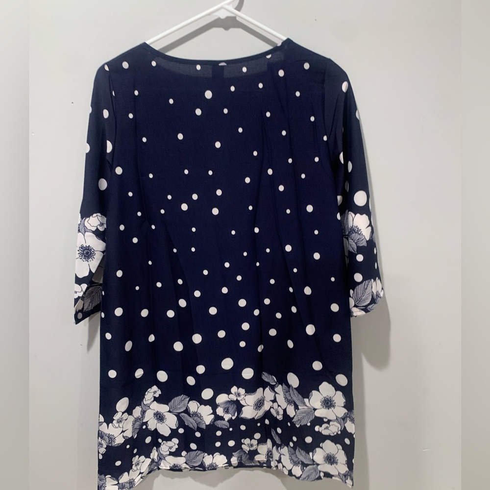 Navy Blue and White Polka Dot and Floral Print Tunic Dress - Picture 3 of 8